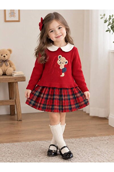 miss topkids Rochie pentru fetițe, cu broderie ursuleț de pluș, tricotaje roș...
