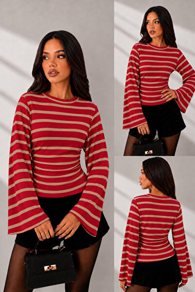 peri tower Women's Striped Gathered Detail Wide Sleeve Women's Blouse 212