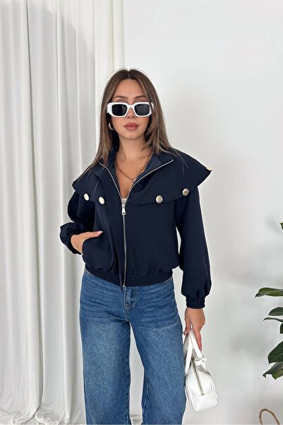 Neşeli Butik Women's Navy Blue Metal Button Detailed Zippered Short Bomber Ja...