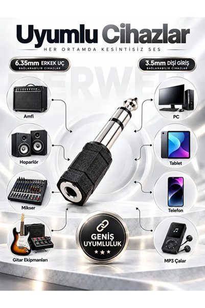 Derwell 2'li Stereo Jak Adaptör Seti - 6.35 mm Erkek to 3.5 mm Dişi Altın Kaplama Metal Gövde & Kompakt Tasarım Çevirici Dönüştürücü Kulaklık Amfi Ses Sistemi Altın/Siyah İki Farklı Model Tek Paket