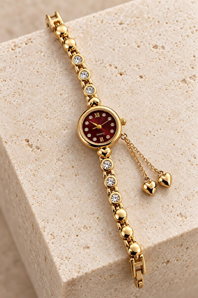 GANYMET Borry Women's Gold Color Claret Red Dial Stone Bracelet Wristwatch He...