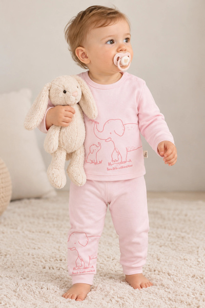 Divonette Baby Girl Cute Embossed Elephant Patterned Pink Pajama Set