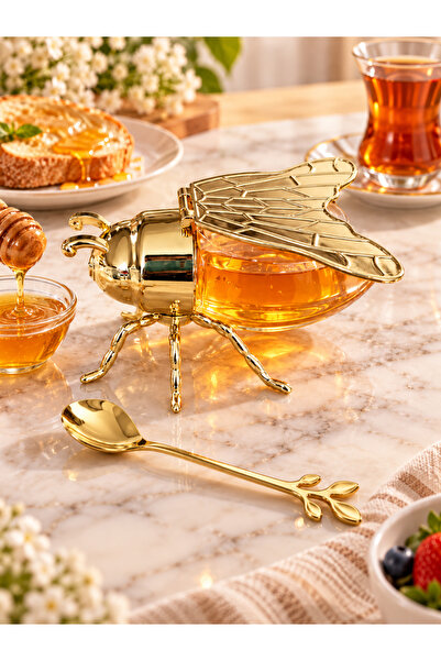 ARVALE 150 ML Arı Figürlü Bal Kavanozu – Gold Kelebek Kanatlı Kapaklı, Kaşıkl...
