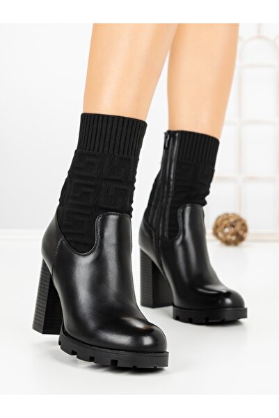 Vivirich Botine dama cu toc gros negre din piele ecologica si material textil...