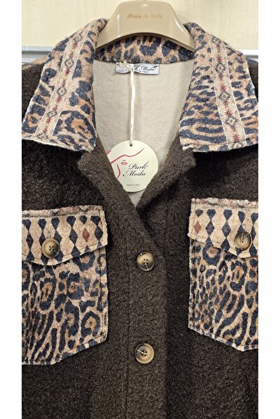 Park Moda Palton italian din pâslă cu imprimeu leopard și detalii aurite