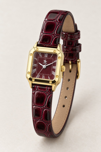 GANYMET Bellin Women's Wristwatch Burgundy Crocodile Leather Strap Square Scr...