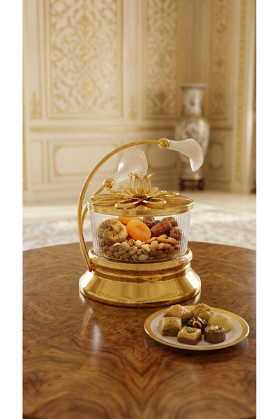 Nimet Luxury Gold & White Floral Dry Fruit or Sweets Jar with Glass Bowl & Me...