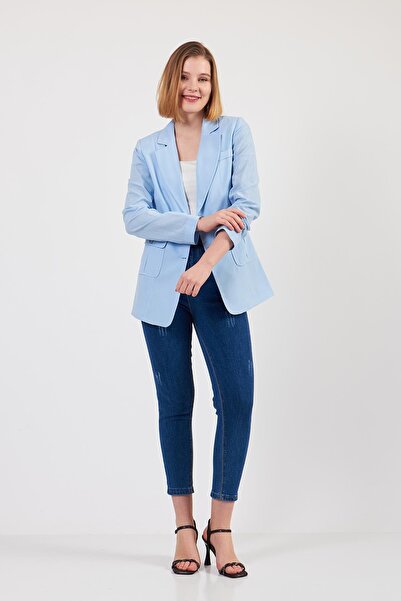 Volanlı Blue Linen Jacket