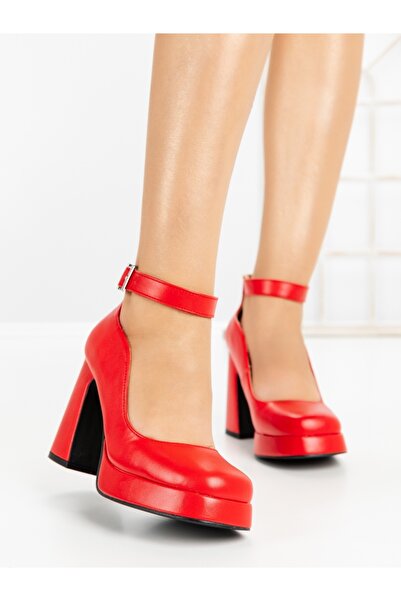 CM Pantofi cu toc gros si platforma rosii din piele ecologica Crasria