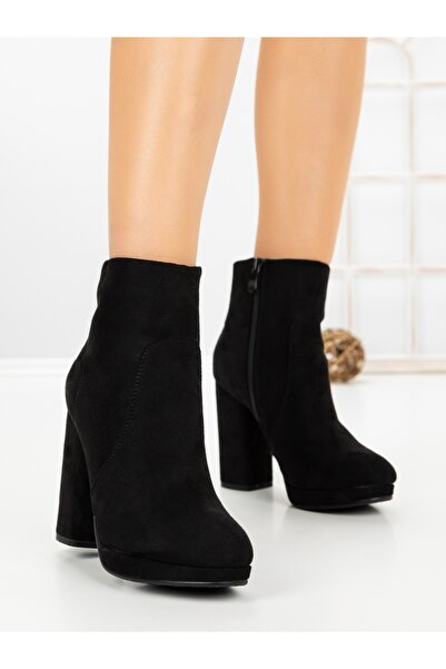 Vivirich Botine dama cu toc gros negre din material textil Efasha
