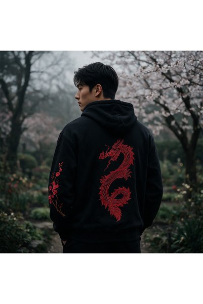 Podyem Sakura Dragon Nakışlı Hoodie (Siyah)
