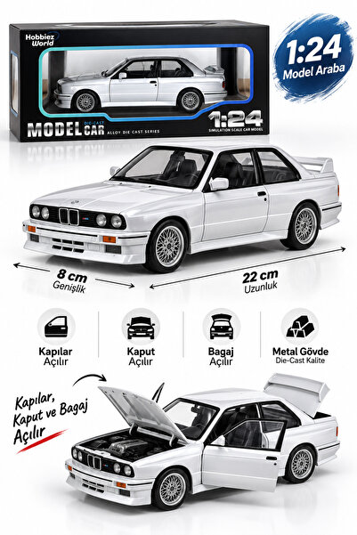 PONİKİDO BMW E30 M3 1:24 Ölçek Metal Oyuncak Araba 22 cm Açılır Kapı Kaput Ba...
