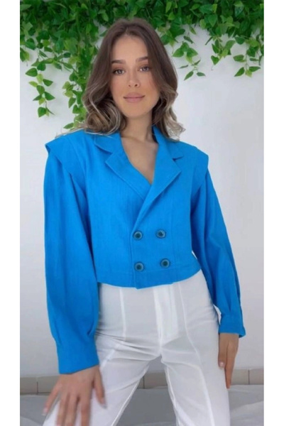 bysocafashion Women's Blue Shirt Collar Long Sleeve Two Button Unlined Short ...