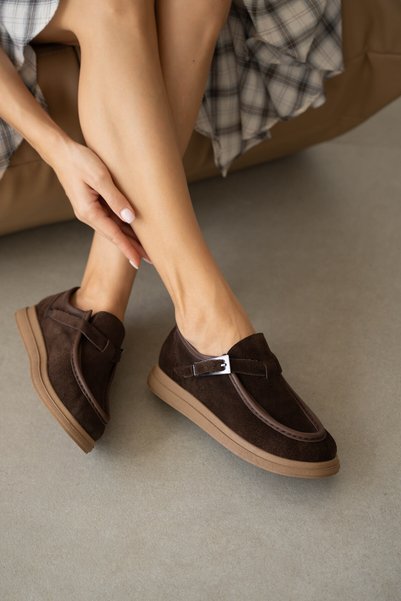 selin shoes Heston Genuine Leather Thick Sole Adjustable Buckle Detail Short Women's Boots - Brown Suede