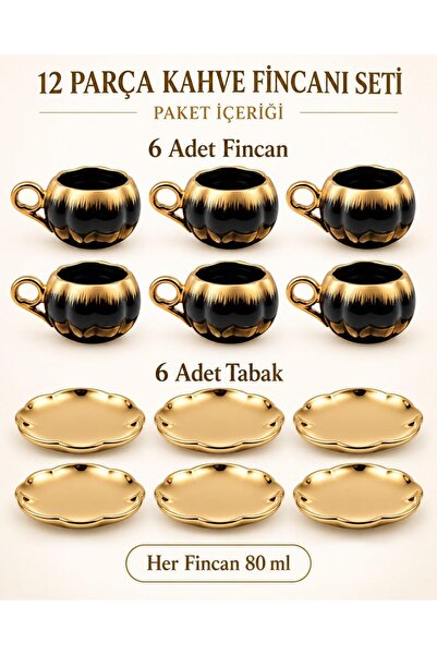 valkyrie 6 Kişilik Siyah Gold Balkabağı Model Türk Kahvesi Fincan Takımı 12 P...