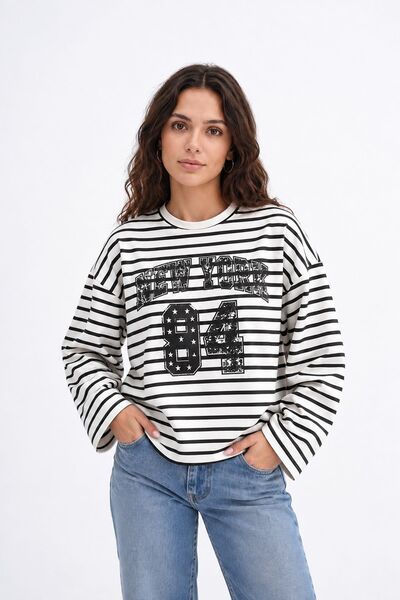 Kozik Tricou cu mânecă lungă pentru femei, cu imprimeu New York, cu dungi alb...