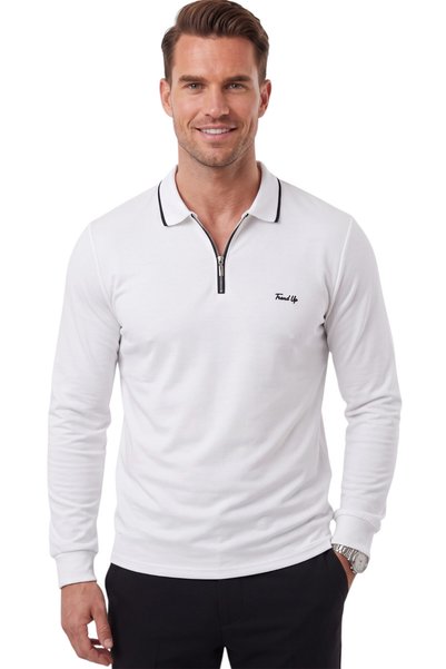 DeepSEA Erkek Slim Fit Tüylenmeyen Fermuarlı Polo Yaka Beyaz Sweatshirt – Yumuşak Dokulu Sweat 2708517