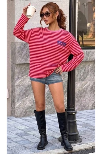 ACELYA Kadın Pembe Çizgili New York Baskılı Oversize Uzun Kollu Tişört / Düşü...