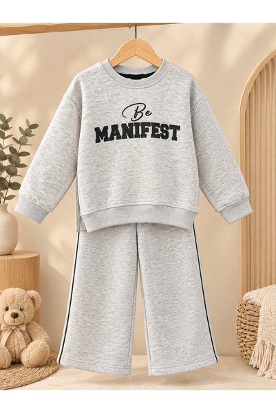 Unisex Çocuk "Be Manifest" Baskılı Üç İplik Şardonlu Kalın Kışlık Eşofman Takımı