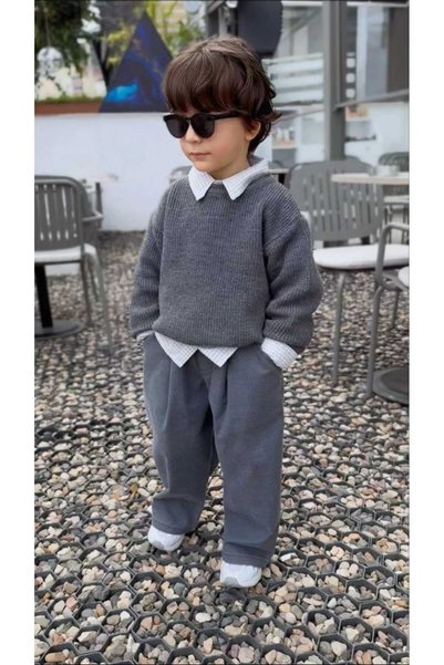 kr kids Boy's Gray Knitwear Sweater with Shirt Detail and Wide-Legged Trouser...