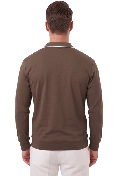 DeepSEA Erkek Slim Fit Tüylenmeyen Fermuarlı Polo Yaka Kahve Sweatshirt – Yumuşak Dokulu Sweat 2708517