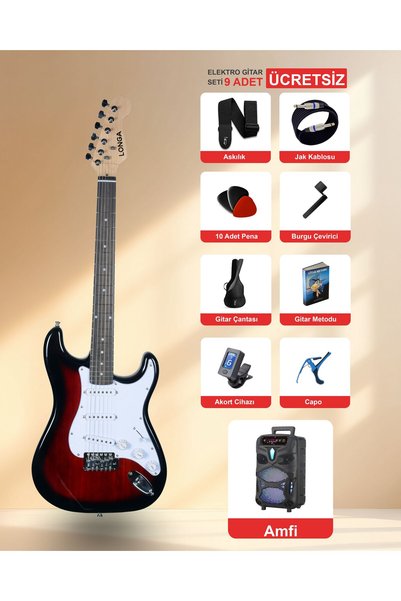 LONGA Gül Klavye Strat Kasa Elektro Amfili Gitar Seti