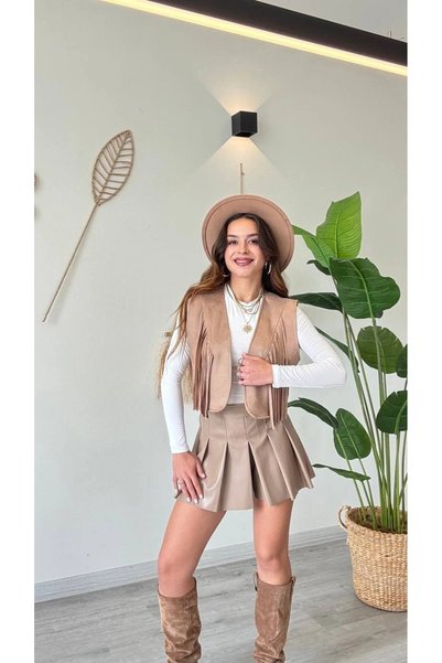 bysocafashion Women's Mink Suede Tassel Vest Sleeveless Open Front Short Crop...