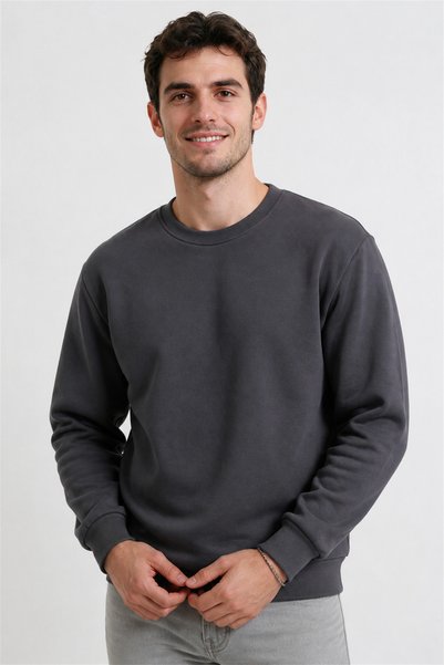 Ahenkk Erkek Füme 3 İplik Bisiklet Yaka Sweatshirt İçi Polarlı Kışlık Kalın