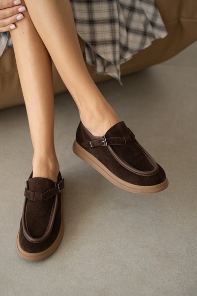 selin shoes Heston Genuine Leather Thick Sole Adjustable Buckle Detail Short Women's Boots - Brown Suede