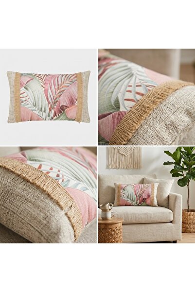 Generic Brand Pernă decorativă ,roz ecru , cu frunze tropicale 50x30cm