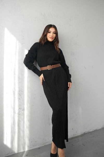 bysocafashion Women's Black High-Neck Ribbed Long-Sleeved Knitwear Belted Max...