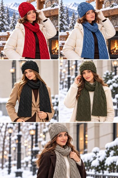 Wearflawless Set de 2 piese din lână pentru femei, set elegant de iarnă cu beretă și eșarfă tricotate, set de două piese eșarfă și beretă, cadou pentru femei
