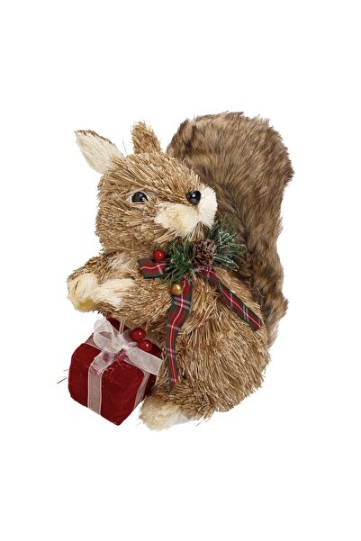 OEM Figurina Decorativa de Crăciun Veverita cu Cadou și Coada Pufoasa 22 cm