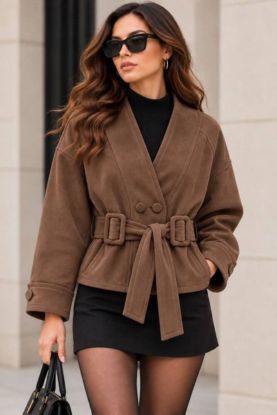 Neşeli Butik Women's Brown Suede Textured V-Neck Double Button Buckle Belt Ov...