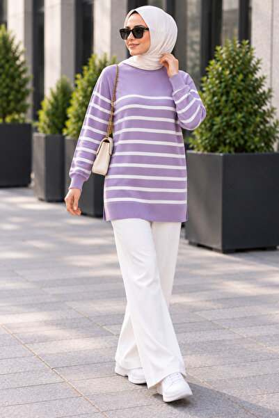 ÇILDIR ÖRME Bicycle collar striped knit tunic