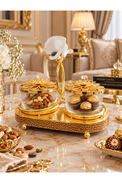 Nimet Luxury Gold Double Candy Jar Set with Glass Bowls & Floral Stand | Gift...