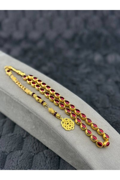 AZİM GÜMÜŞ & TESBİH Erkek Gold Kaplama Yeşil Mineli Kafesli Metal Püsküllü He...