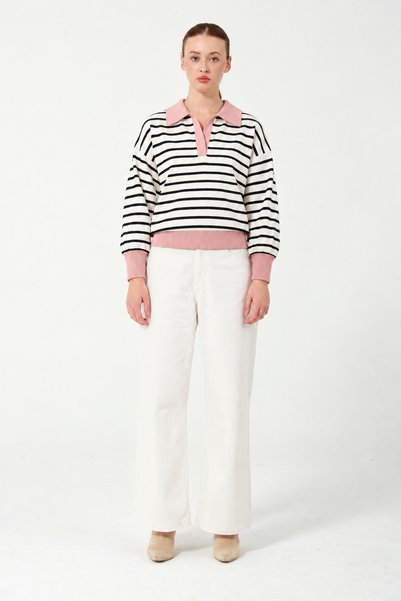 Hatun Atila Women's Half Zipper Striped Polo Collar Marine Knitwear Pink Sweater
