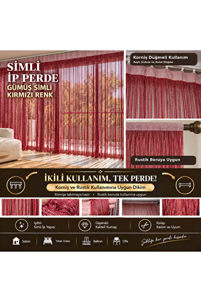 AKÇA TEKSTİL Ip Curtain Special Series Thin Chain Silver Silvery Red Color (1...