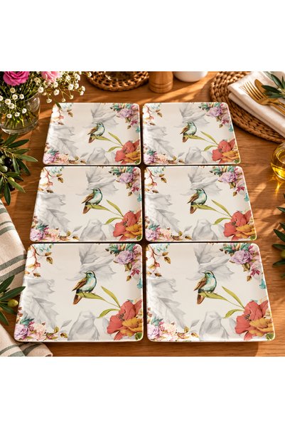 QUEEN OF SERAMİK Kuş ve Çiçek Desenli Kare Seramik Servis Tabağı