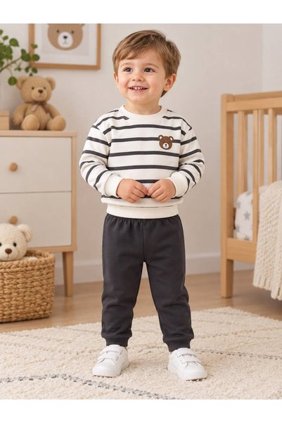 Organic Product DimpleBaby Unisex Bebek Ayıcık Baskılı Çizgili 2'li Takım