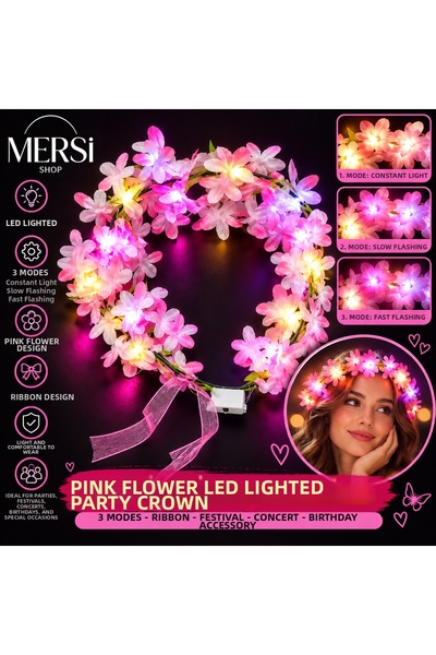 Mersi SHOP Pink Flowered Led Light up Party Crown 3 Modes with Ribbons Festiv...