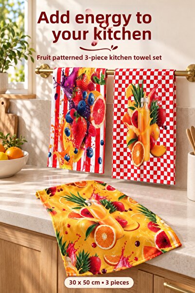 Dotamess Fruit Patterned 3-Piece Kitchen Towel Set 30X50 cm Red White Multi-C...