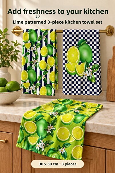 Dotamess Fruit Patterned 3-Piece Kitchen Towel Set 30X50 cm Lime Patterned Green