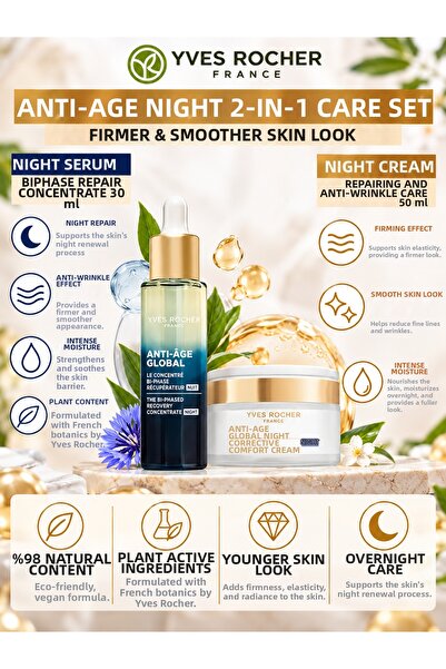 Yves Rocher Anti-Âge Global 2-Pack Night Care – Anti-Wrinkle and Moisturizing...