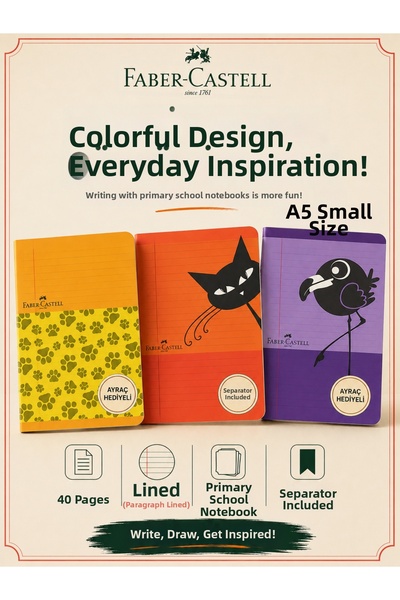 Faber Castell 3 caiete Faber de dimensiuni mici A5, 40 de coli, liniate, cope...