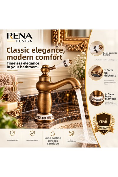 RENA DESIGN Rustic Antique Washbasin Faucet Bathroom Tap Aged Porcelain Processing Fixture Authentic Copper Retro