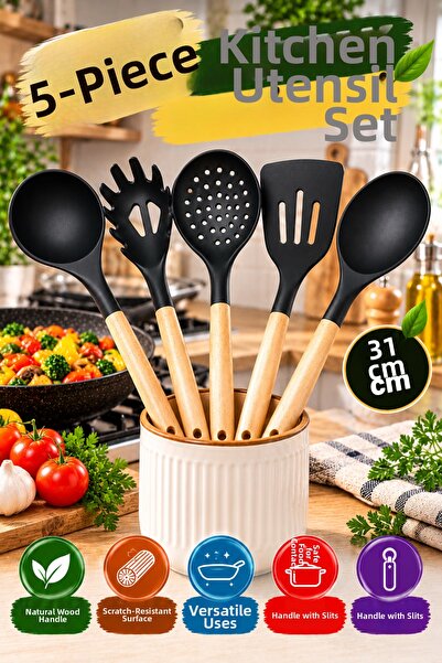 OpenCity 5-Piece Kitchen Serving Set with Wooden Handle 31 cm Ladle Colander ...