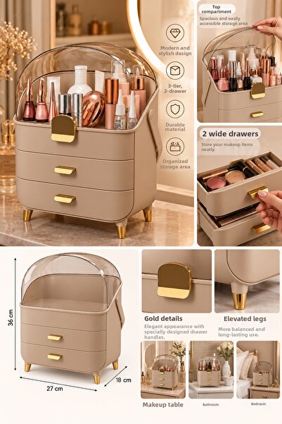 Porsima 865-011 Premium Opaque Beige Makeup Organizer – 3-Tier 2-Drawer Cosme...