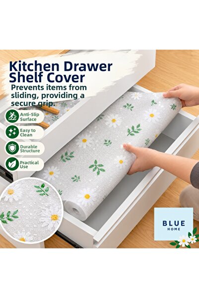 Blue Home Yellow Daisy Design Non-Slip Shelf Liner Roll - Drawer Mat for Kitc...